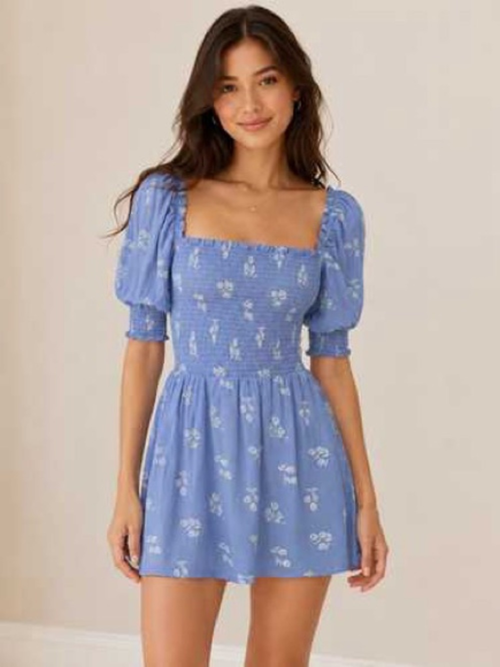 Reformation Elle Shirred Floral Print Georgette Mini Dress Blue Floral, 10